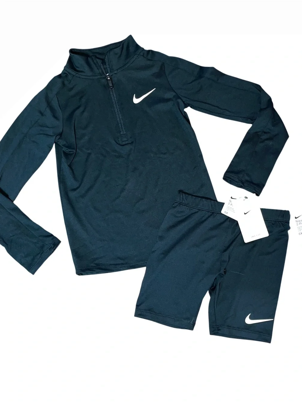 Nike Black Long Sleeve Quarter Zip Bike Shorts Set Black Thumb Hole NWT Girls 6X - Picture 1 of 8